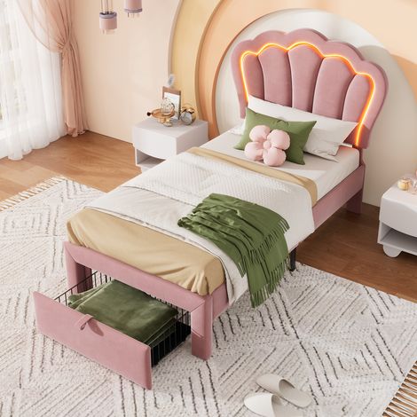Cama juvenil tapizada de terciopelo rosa 90x190 cm con LED RGB, cajón de almacenamiento y somier de láminas