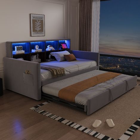 Polsterbett Schlafsofa 90x190 cm ausziehbar auf 180x190 cm mit Stauraum, LED-Beleuchtung und Steckdose, Gästebett aus Samt in Hellgrau (1/5)