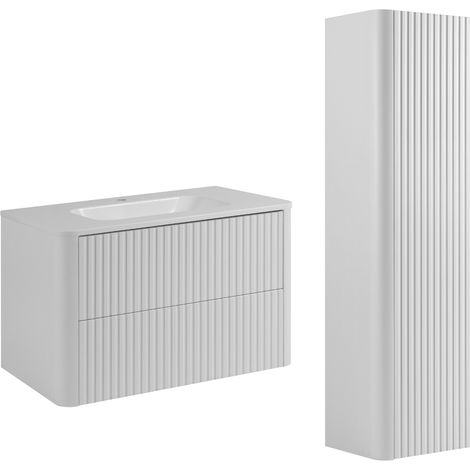 Set di mobili da bagno, 2 cassetti, chiusura ammortizzata, Bianco, 80,3 x 43,7 x 48,4 cm (1/5)