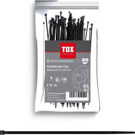 TOX Fascetta per cavi, nera, resistente ai raggi UV, per uso universale all'interno e all'esterno, per un fissaggio sicuro in casa, ufficio e giardino, dimensioni 7,6 x 250 mm, 100 pezzi, 099600030 (1/4)