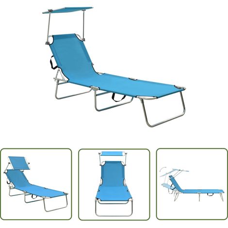 The Living Store Chaise longue pliable avec auvent bleu aluminium - Chaise Longue - Transat - Mobilier De Jardin - Salon De Jardin - Relaxer (1/5)