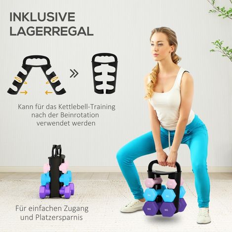 Pack d'haltères avec rack de rangement, 6 poids pour musculation : 2x1 kg, 2x3 kg, 2x5 kg, idéal fitness à domicile. (1/4)