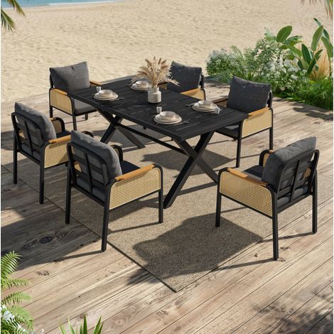 Salon de jardin 148/80/75 cm noir et naturel en fer avec 1 table et 6 chaises coussinées (1/5)