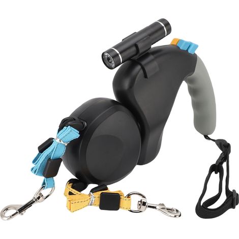 Laisse rétractable pour 2 chiens, rotation à 360°, double attache avec lumière LED, 3 mètres, noire (1/5)