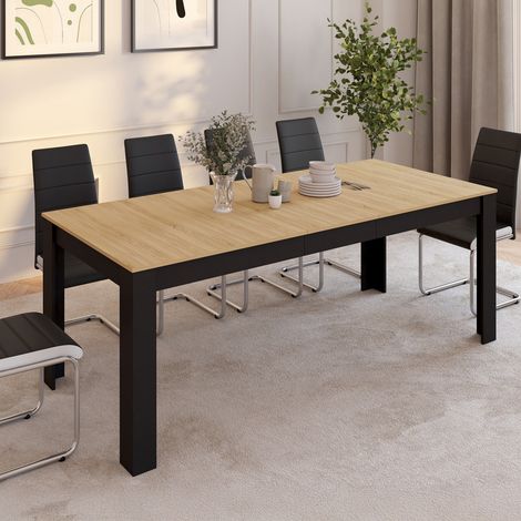 ROZY Mesa de comedor rectangular extensible para 6-10 personas, negra, tablero efecto haya 160-200 cm