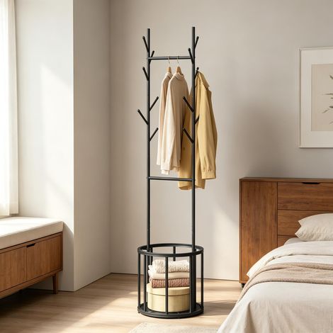 Porte-manteau autoportant en forme d'arbre avec panier de rangement – design moderne, stable et élégant pour entrée, chambre ou bureau (1/4)