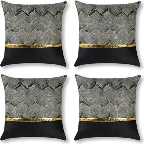 45x45cm Set de 4 (Noir) Housses de coussin Luxe Cuir Doré Couture Ondulé Stripe Taie D’oreiller Minimaliste Taies De Coussin Cuir Rayé Or Pour Lit Canapé Voiture Extérieur Canapé Décor Houss (1/5)