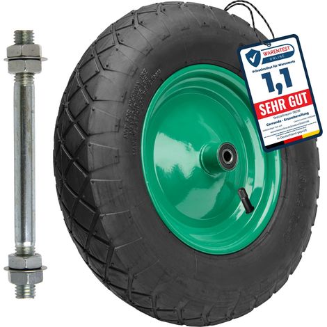 Garronda Roue de brouette 4.80/4.00-8 4PR Ø 390×97 mm avec axe, profil losange, jante acier peinte, doubles roulements, valve auto, moyeu 97 mm alésage 12 mm GD-0163, Noir-Vert (1/5)