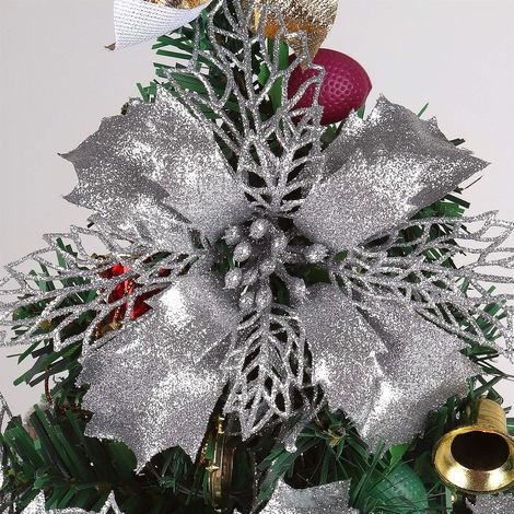 BEBUSINGOTO 10 piezas de flores artificiales de Pascua brillantes para corona navideña, flores para árbol de Navidad, púas de flores artificiales de 11 cm, guirnalda navideña decorativa (plateadas) (1/4)