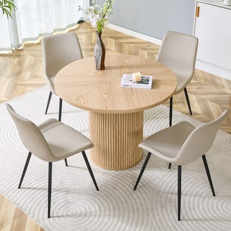 Ensemble table ronde 100 cm avec 4 chaises en cuir régénéré, plateau MDF, style bois clair et métal noir, idéal pour salle à manger moderne CHICFURN (1/5)