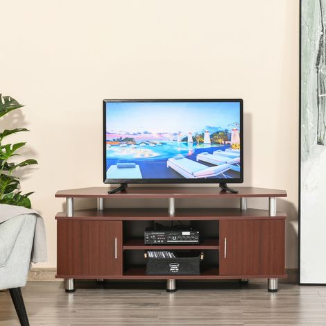 Armoire TV classique de salon avec 2 étagères et 2 placards - marron - MDF et acier inoxydable - 120x39,5x52cm (1/4)