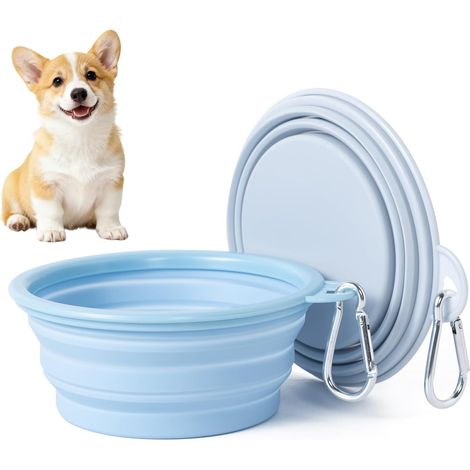 Foldable Travel Bowls, Silicone Water Bowl for Dogs, Pack of 2 Macaroon Colours, Portable Dog Food Bowl, Dog Travel, Hiking and Camping (Blue + Grey, 350 ml) (1/5)