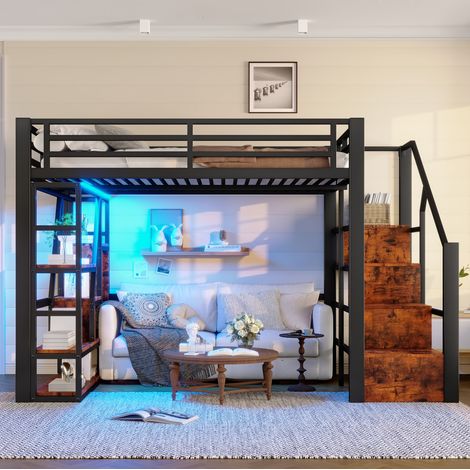 Letto a soppalco moderno 140x200 cm in metallo e MDF nero con scaffali, gradini contenitore, parapetto e LED (1/5)