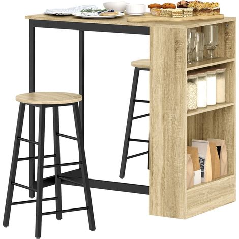 Bartisch mit Barhocker Set, 3-tlg. Bartisch-Set mit Küchentisch, Stauraum, 2 Hocker, Fußstützen, im Modern-Stil, Platzsparend Essgruppe für Esszimmer, Küche, Stahl, Eiche Aosom