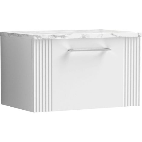 Nuie Deco Wall Hung 1-Drawer Vanity Unit with Carrera Marble Worktop 600mm Wide - Satin White (1/4)
