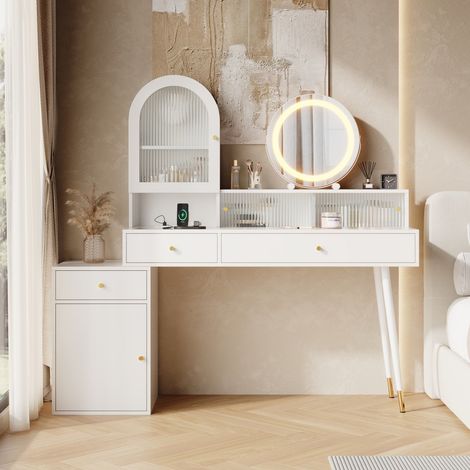 Coiffeuse design L blanc plateau verre réglable 140×40×140 cm, miroir LED, ports USB USB-C, équipée de deux prises électriques (sans chaise) (1/5)