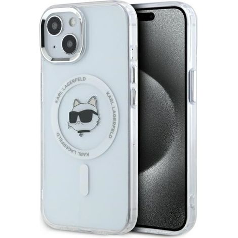 Coque rigide blanche/blanche Karl Lagerfeld KLHMP15SHLSCHH pour iPhone 15 6,1" avec tête Choupette en métal et MagSafe (1/5)