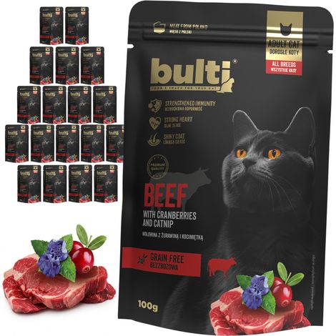 BULTI Superfood, pâtée pour chat au bœuf, canneberges et herbe à chat, 20 sachets de 100 g (1/3)