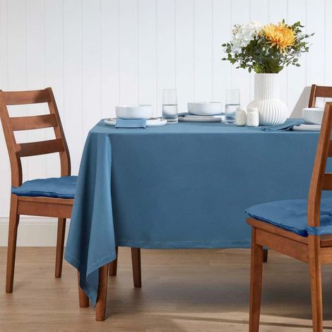 HOMESCAPES Airforce Blue Cotton Square Tablecloth 140 x 140 cm