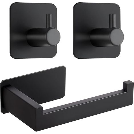 AIDUCHO Porte-Papier Toilette Autocollant En Acier Inoxydable Avec 2 Crochets À Serviettes, Porte-Rouleau De Papier Toilette Pour Salle De Bain Et Cuisine, Sans Perçage (Noir) (1/5)