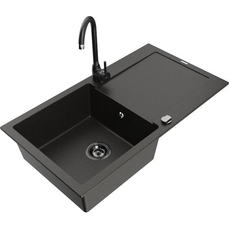 Mexen Leo 1 Becken-Granitspüle mit Abtropffläche und Mischbatterie Telma, Schwarz/Gold metallisch - 6501-75-670200-70-B