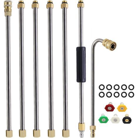 Lot de 7 Ensemble de baguette d'extension pour nettoyeur haute pression, lance pour nettoyeur haute pression, outil de nettoyage de gouttière, avec 5 embouts de buse,10 anneaux anti-fuite (Argent)