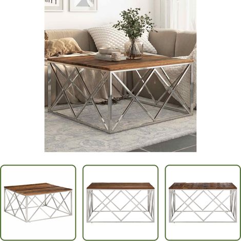 Bois de mélèze - Table basse argenté inox et bois de mélèze massif (1/5)