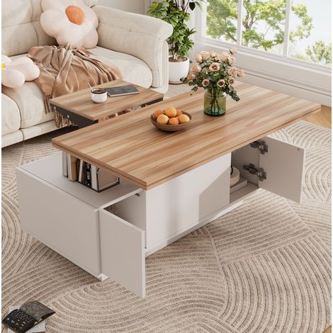 Mesa de centro elevable 100x50x55,5 cm de tablero de madera blanco, ahorro de espacio FloraGrace (1/5)