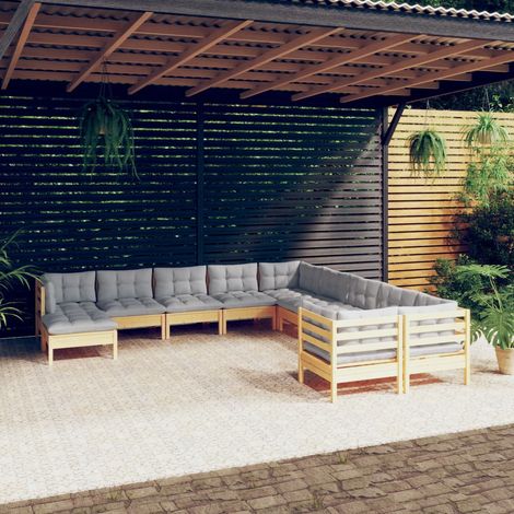 The Living Store - Salon de jardin 11 pcs avec coussins gris bois de pin (1/5)