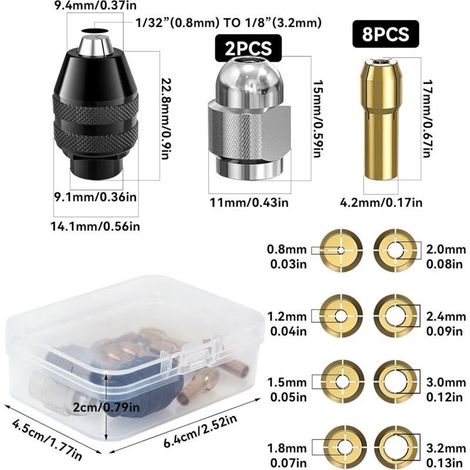 Lot de 11 Mandrins de Perçage, Mandrin Dremel 4486, Pinces de Serrage 4485, Têtes de Serrage en Laiton à Changement Rapide pour Dremel 4000, Trio et Plus, avec Boîte (1/3)