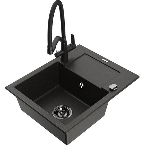 Mexen Enzo lavello da cucina in granito 1-vasca con scolapiatti e rubinetto Duo, nero/oro metallizzato - 6506-75-671701-70-B (1/5)