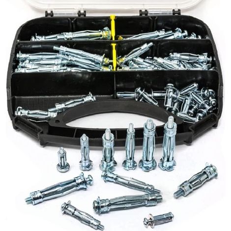 68PCS Vide d'expansion, Boulons d'expansion en acier inoxydable, vis, vis,Boulons d'expansion Plaqué zinc Plate métallique lourd Plate Cavity Wall Fixing Anchors Plugs Kit Kit d'ancrage mur creux
