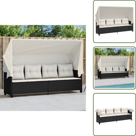 The Living Store Sonnenliege mit Dach und Kissen Schwarz Poly Rattan - Sonnenliege mit Dach