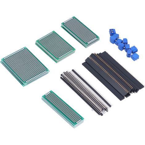 Kit de circuit imprimé double face, comprenant vis, bornes et connecteurs à broches, idéal pour les débutants en soudure électronique.