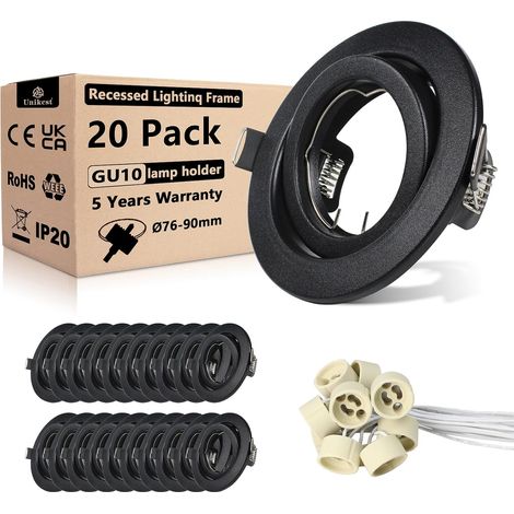 Lot de 20 Spots Encastrables GU10 Orientables, Cadres Noir Mat en Métal avec Douilles GU10, Supports Spot LED Rond pour Plafond, Diamètre de Perçage 98 mm, Cuisine Salon Bureau (1/5)