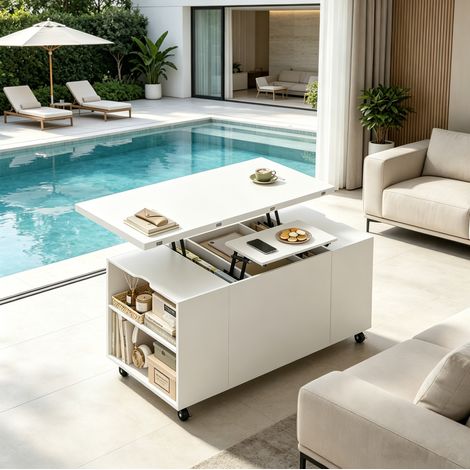 Table basse relevable 100x50x53 cm en bois et métal blanc, avec rangement pour salon FloraGrace (1/5)