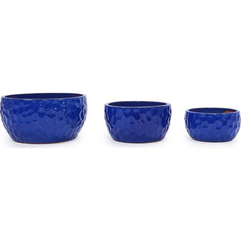 Set de 3 macetas de cerámica hechas a mano, azul antiguo, textura martillada, interior/exterior (1/5)