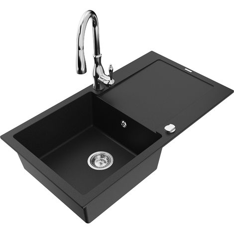 Mexen Leo lavello in granito a 1 vasca con scolapiatti e rubinetto da cucina Savita, nero - 6501-77-672601-00 (1/5)