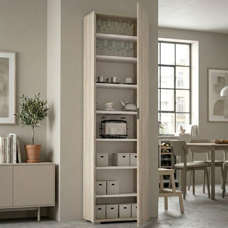Armoire polyvalente Fiordaliso, Armoire linéaire avec 1 porte et 7 étagères, Colonne pour entrée ou salle de bain, Étagère à chaussures moderne, 50x30h182 cm, Olmo (1/5)