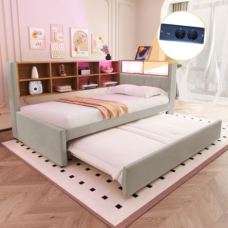 Letti con letti estraibili 90x200cm (90x190cm) Divani letti singoli per adulti/bambini, con vano contenitore aperto, USB, LED, senza materasso, flanella, grigio chiaro (1/5)