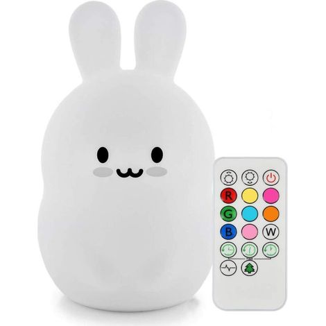 Veilleuse Enfant Lampe Lapin Silicone Souple Lampe Chevet 9 Couleurs Rechargeable Télécommande LED Veilleuse pour Cadeau/Bureau/Chambre à Coucher/Salon/Extérieur [Classe énergétique A++] (1/5)