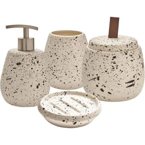 4 pièces, set salle de bain céramique blanc moucheté noir, design terrazzo, pour salle de bain moderne (1/4)