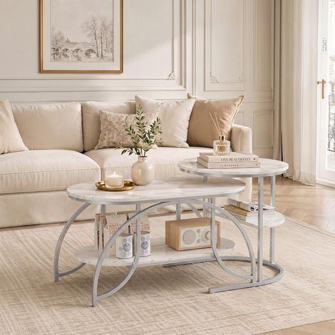 Table basse gigogne lot de 2, 80x46x45 cm, table de salon ovale et ronde avec étagère de rangement, cadre en métal effet marbre, Argent (1/5)