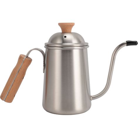 Cafetière en acier inoxydable de 650 ml, finition poncée à la main avec poignée en bois, théière idéale pour les réunions de famille et les sorties en camping. (1/5)
