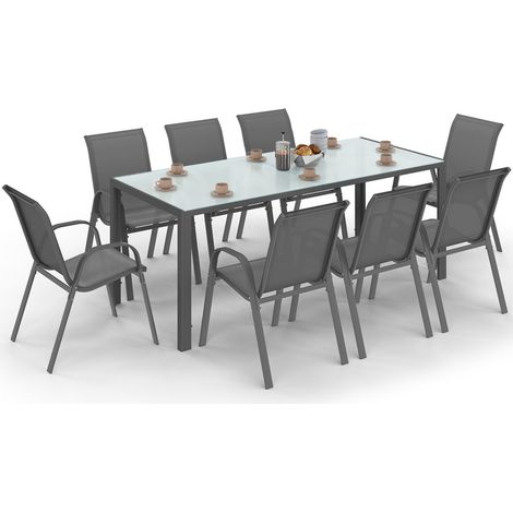 Idmarket – Ensemble table et 8 chaises empilables – Table 190 cm en verre trempé – Structure acier gris anthracite – Dossier et assise textilène gris