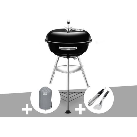 Barbecue à charbon Compact Kettle 47 cm + Housse + Kit ustensiles Premium 2 pièces - Weber