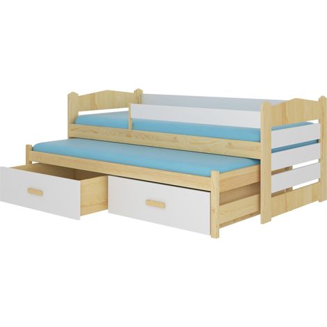 Lit gigogne bois pin naturel et blanc 2 couchages 90x200 avec 2 coffres de rangement Kuska (1/5)