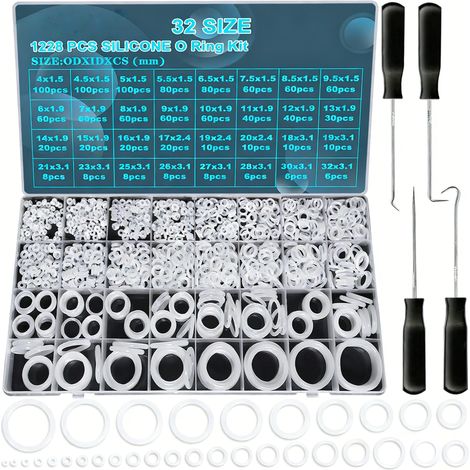 O-ring in silicone, resistenti al calore, anelli in gomma, 1228 pezzi per scatola, silicone bianco, O-ring + cacciavite con manico nero (1/2)