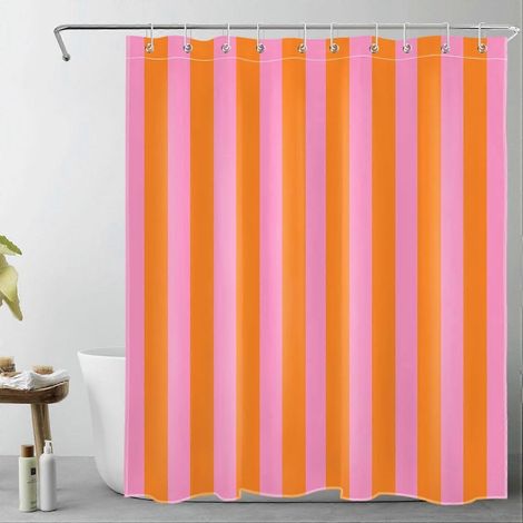 Rideau de douche minimaliste en polyester imperméable à rayures verticales avec crochets, motif abstrait rose et orange, 180 cm. (1/5)