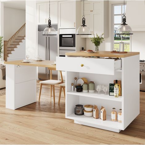 Mobile da cucina con piano estraibile 122,5-195,5 cm, MDF bianco, 60 kg DESVIAE (1/5)
